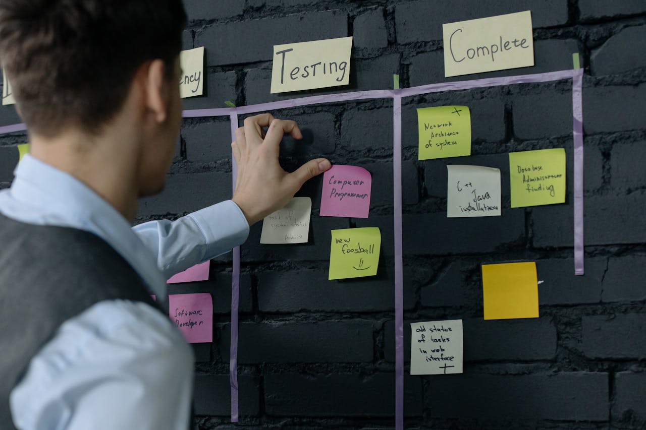 Crafting Captivating Headlines: Your awesome post title goes here Man organizing project tasks on a wall using sticky notes in a modern office setting.